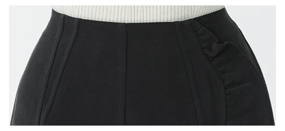 VOA Black 45 Momme Heavyweight Silk Natural Waist Trousers Asymmetrical Ruffle Office Ladies Straight Suit Wide Leg Pants KE797 Badiee Stylez