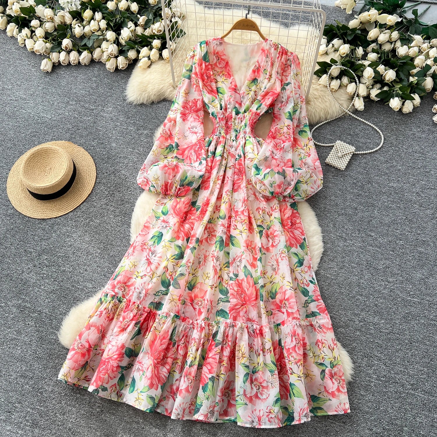 Chic vintage long sleeve lantern sleeve V-neck print pleated Elegant Fairy korean dress women clothing Long dress