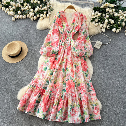 Chic vintage long sleeve lantern sleeve V-neck print pleated Elegant Fairy korean dress women clothing Long dress
