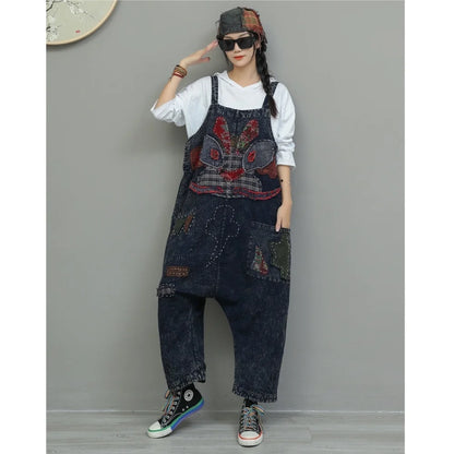 Heavy Embroidery Patch High Waist Overalls Women Autumn Fashion Stylish Loose Jumpsuit LX4372 Badiee Stylez