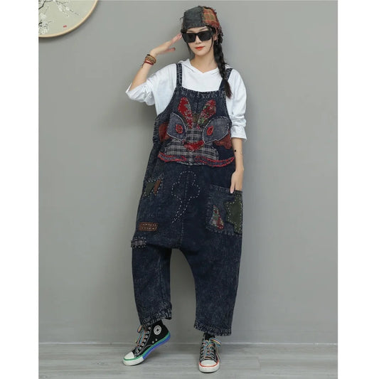 Heavy Embroidery Patch High Waist Overalls Women Autumn Fashion Stylish Loose Jumpsuit LX4372 Badiee Stylez