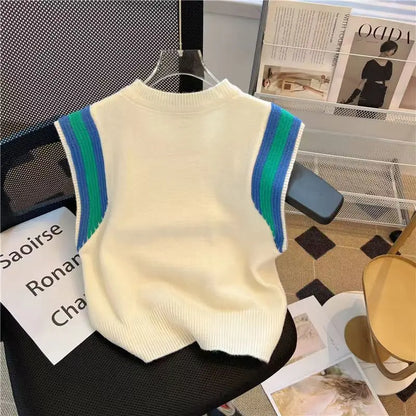 Summer New Fashion Patchwork Knitted Tanks Women Vintage Loose O-neck Soft Comfortable Casual Sleeveless Tops