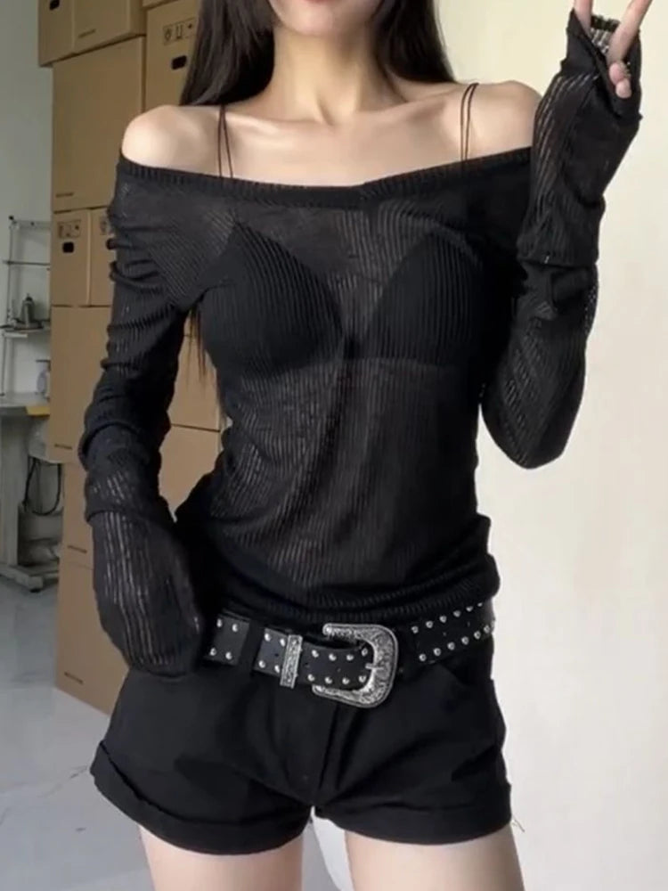 Women Long Sleeve T Shirt Thin Perspective Summer Solid Slim Casual Shirts Female Pullovers Basic Tee Y2k Clothes Streetwear Top