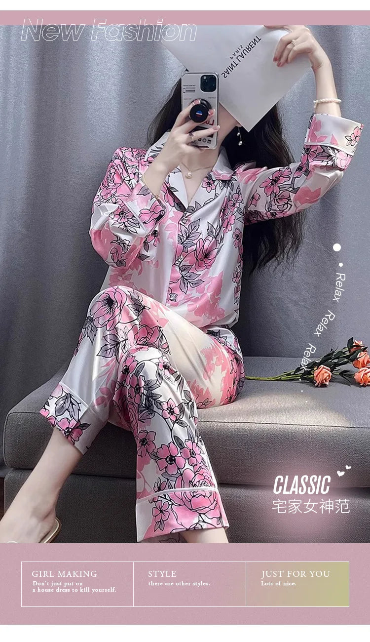 Korean Style Women's Two-piece Pajamas Sets Fashion Flower Print Faux Silk Satin Sleepwear Female Long Sleeve Pants Housewear