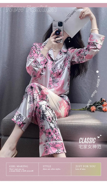 Korean Style Women's Two-piece Pajamas Sets Fashion Flower Print Faux Silk Satin Sleepwear Female Long Sleeve Pants Housewear