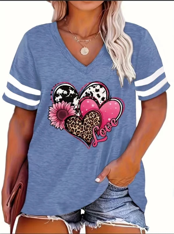 2024 Plus Size Spring/Summer New Love Print Casual Fashion Women's V-Neck Short-Sleeved Loose T-Shirt 5XL 6XL Blue