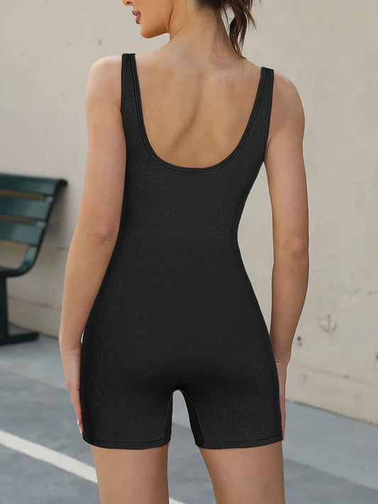 Women's Solid Color Camisole Square Neck Stretchy One-Piece Jumpsuit Sports Tank Top with Tight Pants And Belly Control