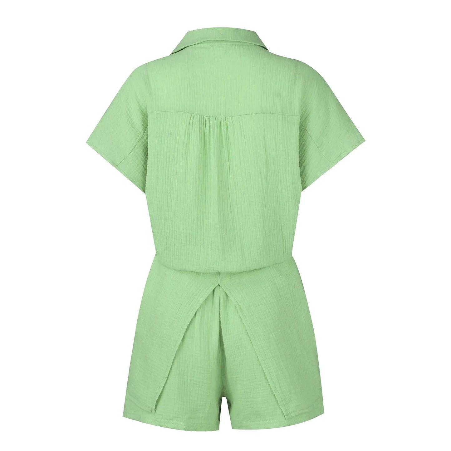 Summer cotton and linen solid color shirt short sleeved casual shorts set