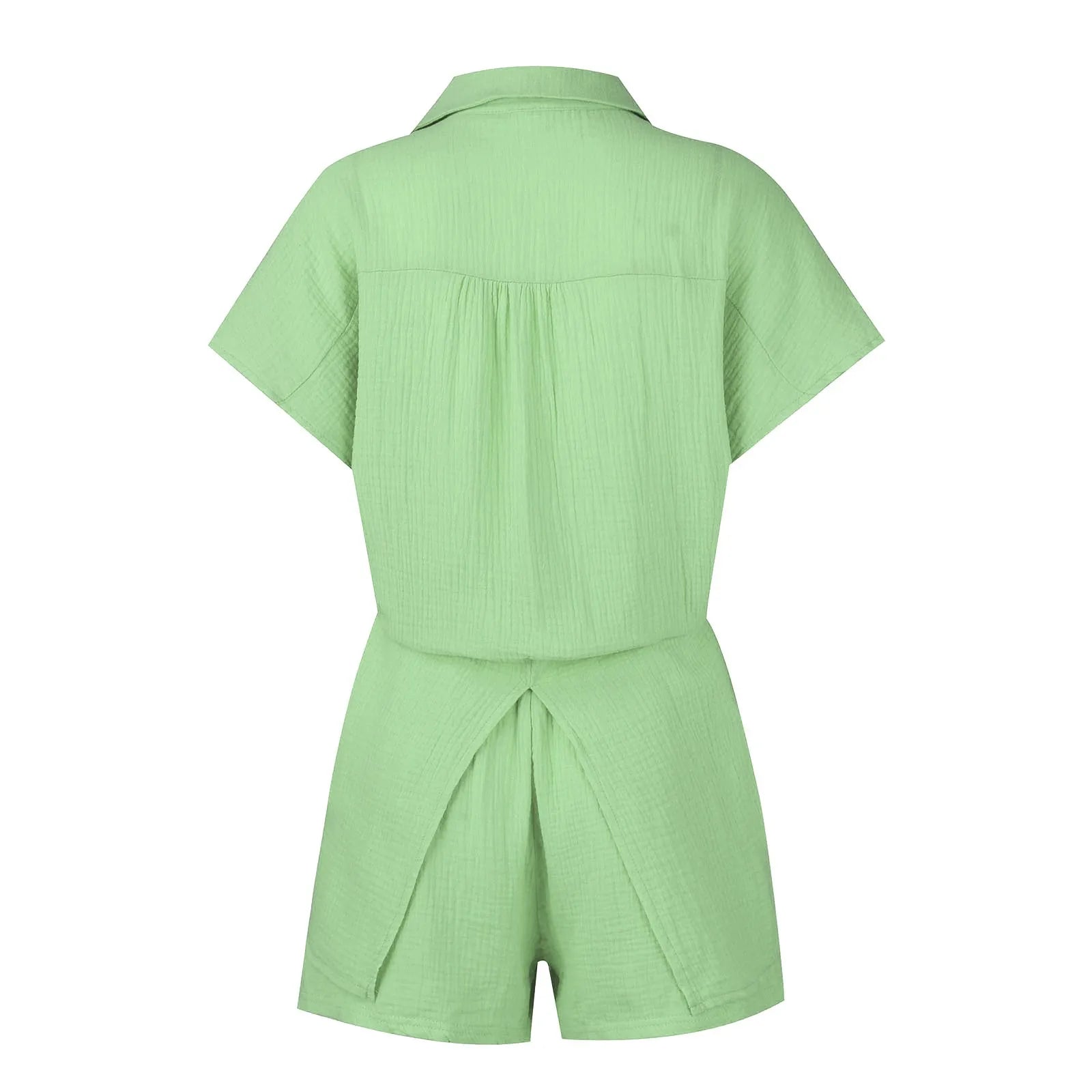 Summer cotton and linen solid color shirt short sleeved casual shorts set