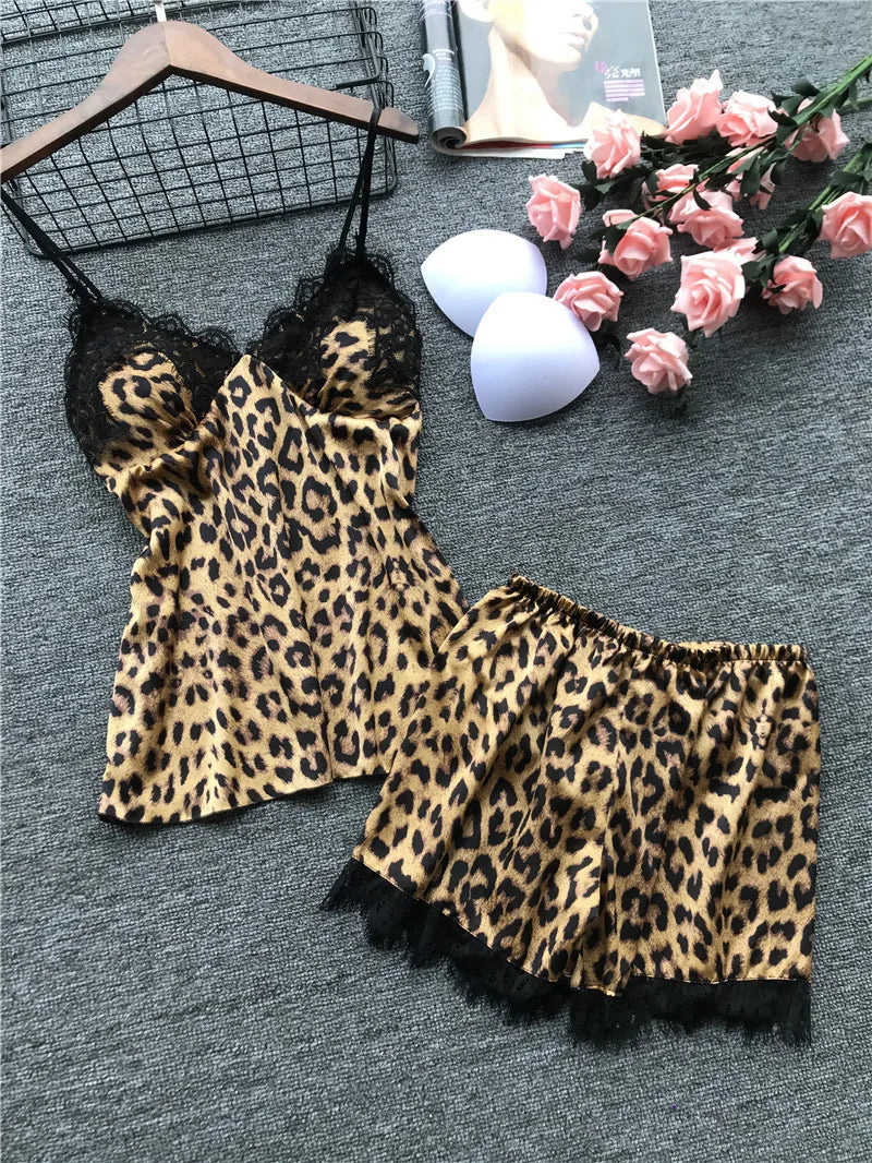 Sexy Leopard Print Sleepwear Women's Cami Top and Shorts Pajama Set Lace Trim Loungewear Trendy Animal Print Pjs New Hot Gift