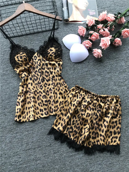 Sexy Leopard Print Sleepwear Women's Cami Top and Shorts Pajama Set Lace Trim Loungewear Trendy Animal Print Pjs New Hot Gift