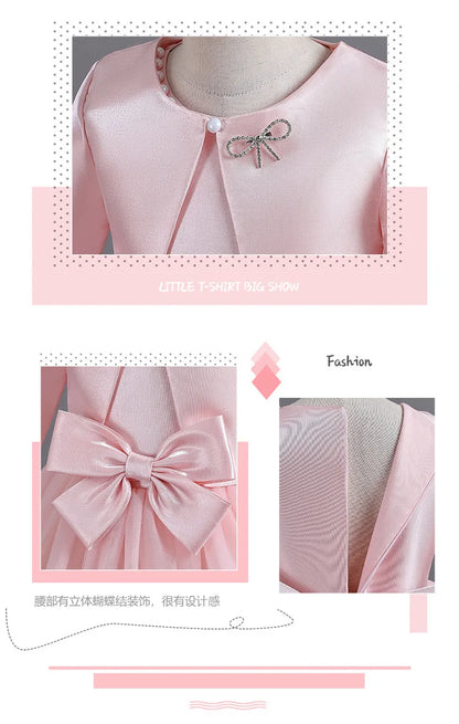 ELBCOS 4-14Y Girls Tie Crew Neck Long Sleeves Solid Color Fold Skirt Cardigan Coat Waist Bow Costumes Princess Party Dress Suit