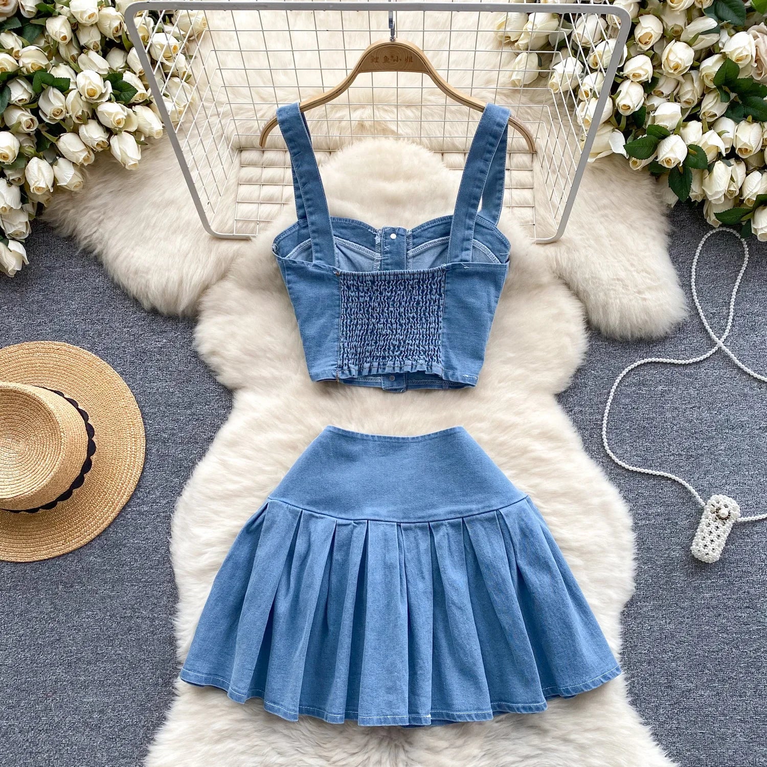 Two Piece Sets Women Sexy Dress Sets Skirt Set Sling Sleeveless Casual Denim Tops Short Skirts A Line Elegant Splice Y2k Summer