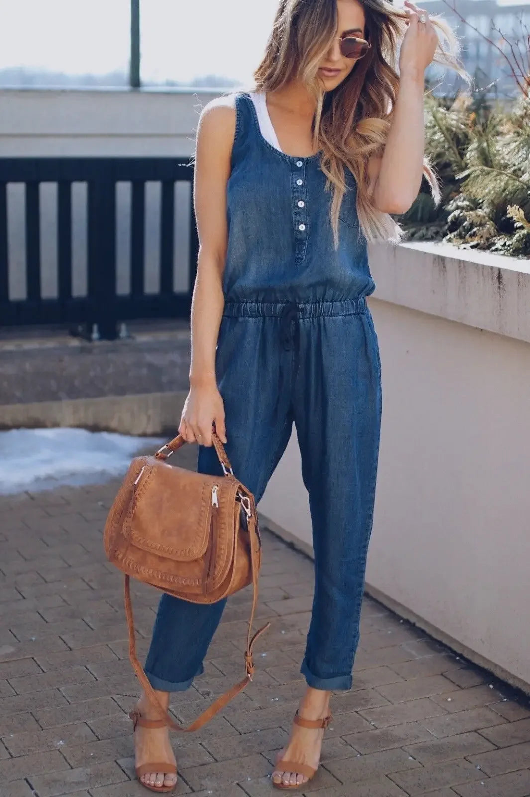 Summer Fashion Jumpsuit for Women Romper Overalls Single-breasted Casual Denim Trousers Sleeveless Ankle Pants Loose Jumpsuits Badiee Stylez