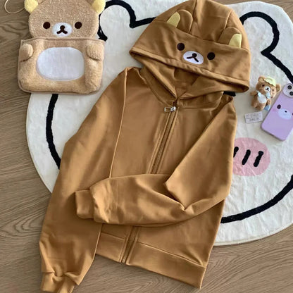 Cute Cartoon Hoodie Rilakkumaed Zip-up Hoodie Teddy Bear Ears Long Sleeve Jacket Fashion Women's Casual Cardigan Cotton Clothing A