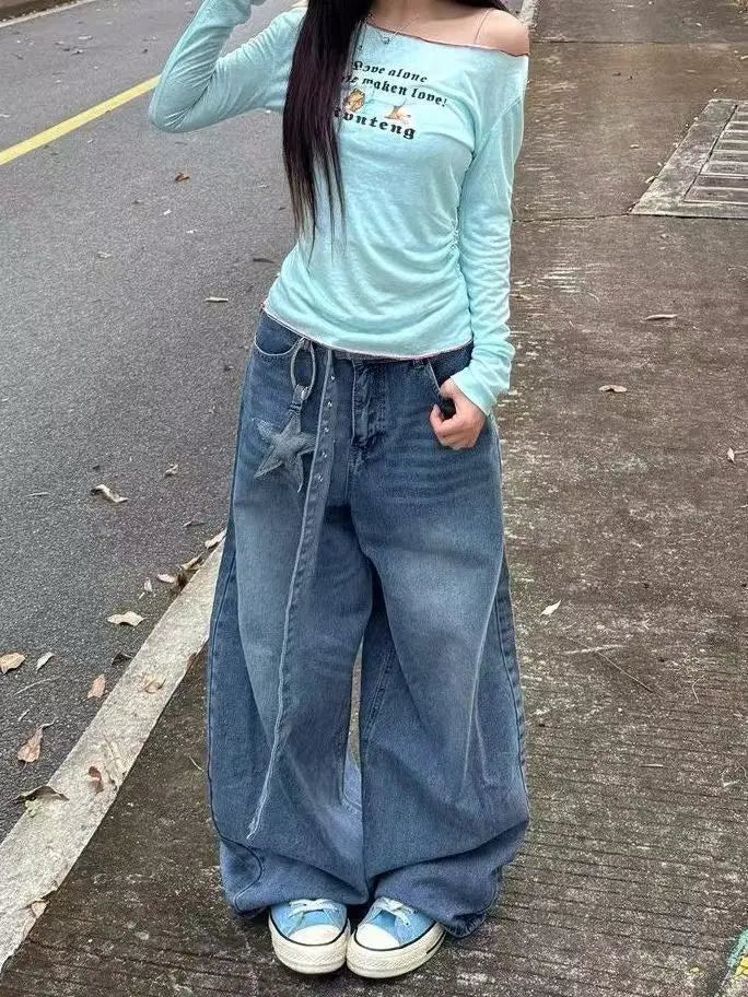 Y2K fashion retro cartoon embroidered women wide-leg jeans casual Harajuku loose pants street personality high-waisted jeans