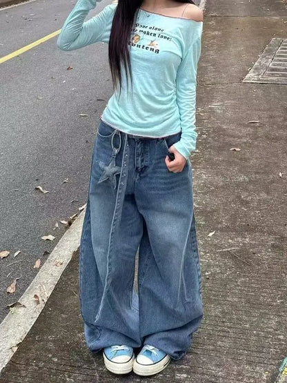 Y2K fashion retro cartoon embroidered women wide-leg jeans casual Harajuku loose pants street personality high-waisted jeans