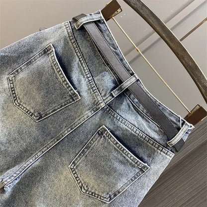 2024 Summer Latest Design Women's Knee-Length Casual Cotton Short Jeans Shorts Washed Blue Ripped Hole New Kpop Luxury Jeans