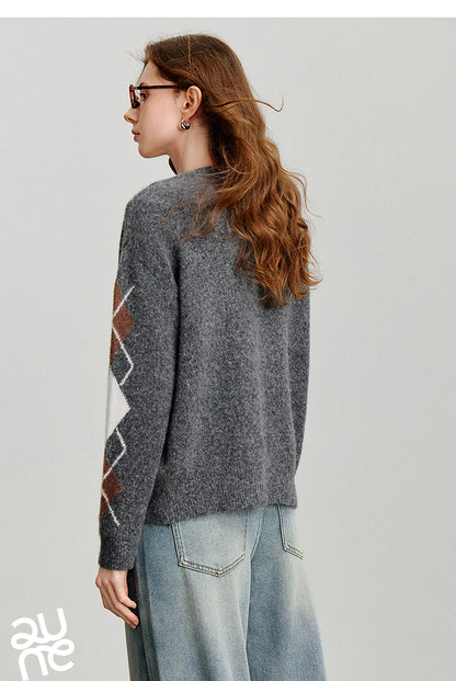 TOYOUTH Women Knitted Sweater 2025 Autumn New Grid Pattern V Neck Single Breasted Button Knitted Cardigan Coat Gray