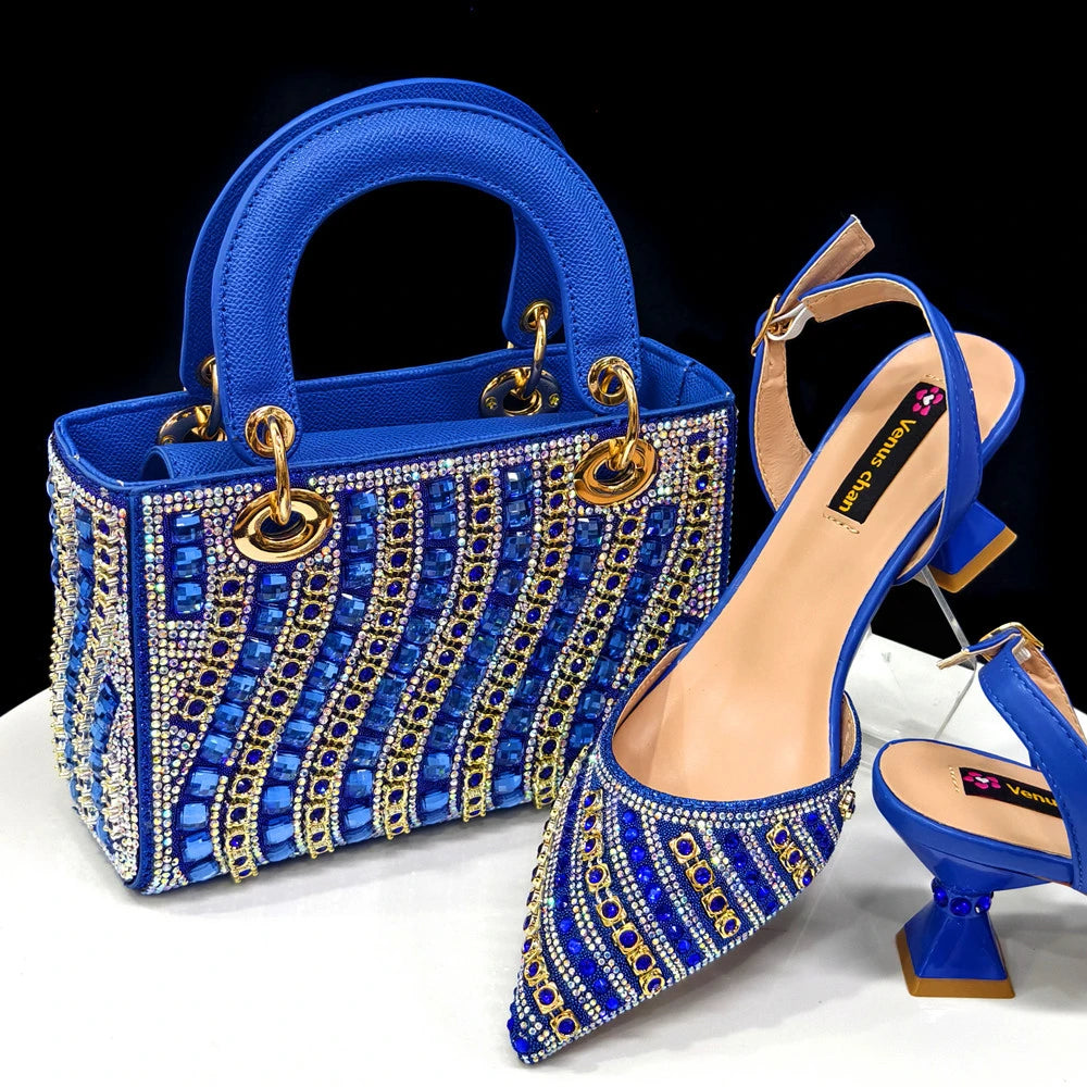 2025 Luxurious Italian Women's Party Shoes & Bag Set – Elegant Golden Rhinestone Spring/Summer Sandals with Pointed High Heels f BLUE