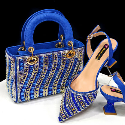 2025 Luxurious Italian Women's Party Shoes & Bag Set – Elegant Golden Rhinestone Spring/Summer Sandals with Pointed High Heels f BLUE