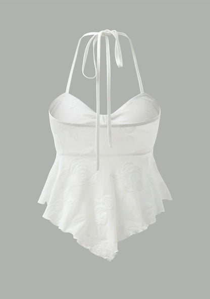 Women's Fashion Ruffle Irregular Hem Mesh Flower Flocking Sexy Front Chest Bow Tie Halter Neck Suspender Top