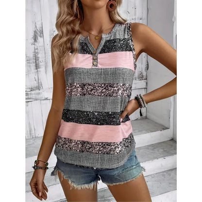 Plus Size 1XL-5XL New Women's Summer Casual Color Block Striped Patchwork Printed V-neck Sleeveless Vest