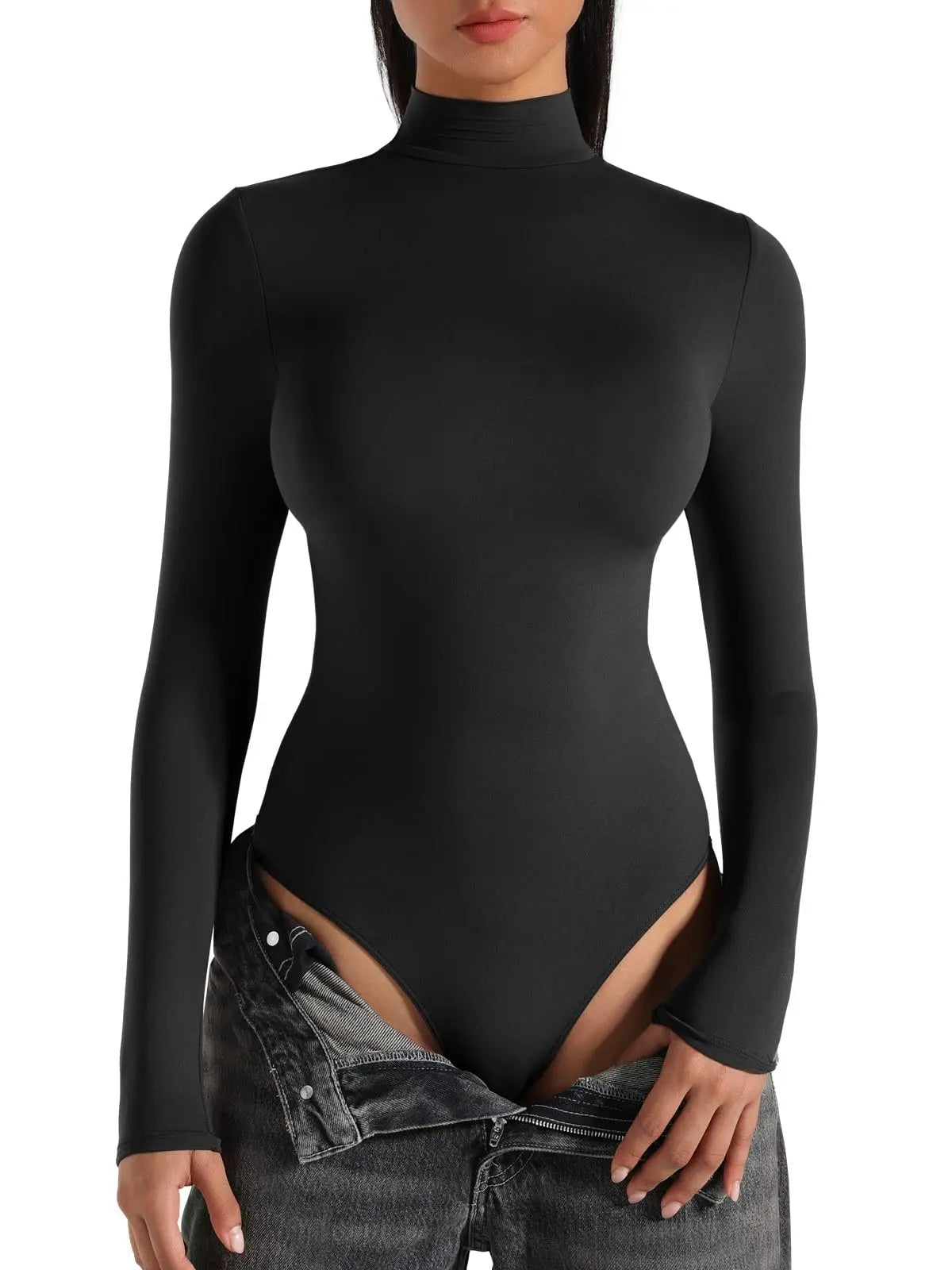 Women's Turtle Neck Long Sleeve Bodysuits Basic Slim Fit Double Lined Lightweight Layering Fall Winter Tops