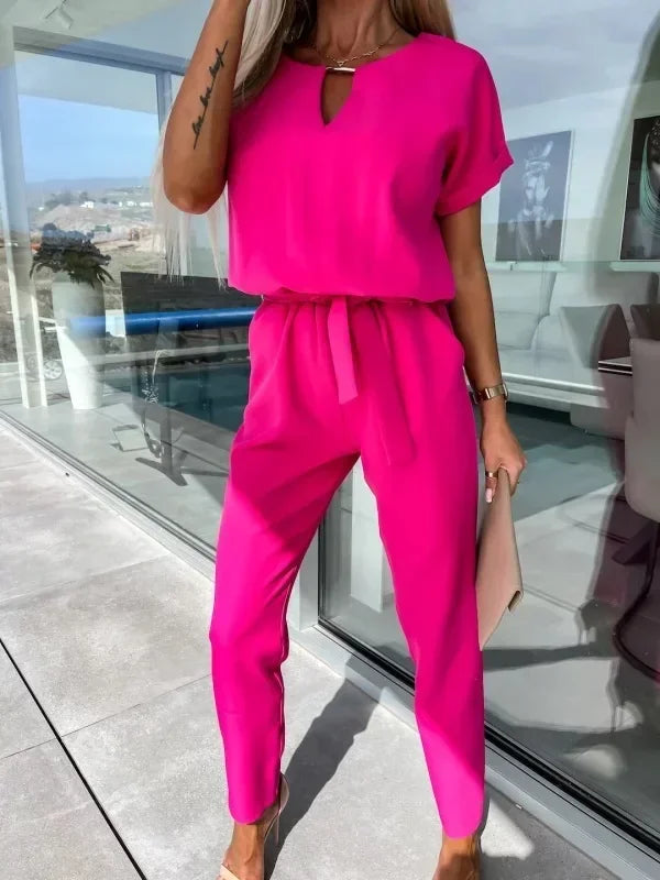 Jumpsuit Women 2023 Solid Color Short Sleeve V-neck Pocket Lace-up Pencil Long Pants Jumpsuits Summer Outfits Bodysuits Badiee Stylez