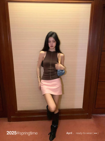 Lautaro Spring Summer Pink Soft Pu Leather Mini Skirt Women with Low Waist Short Luxury Chic A Line Clothes Korean Fashion 2025