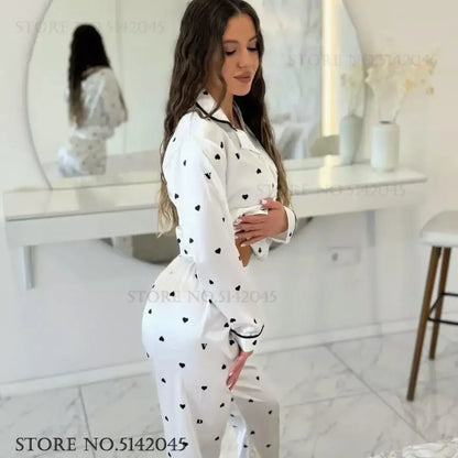 Leopard Print Long Sleeve Pajmaas Set Spring New Silk Satin Sleepwear Home Clothes Loose Casual Home Clothes Trouser Suits