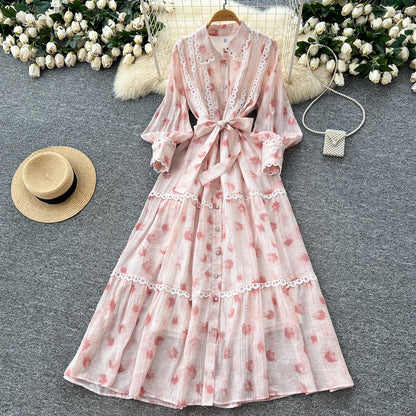 Chic vintage rhinestone lace-up slim Elegant Fairy korean fashion Boho Sundress women clothing Long dress