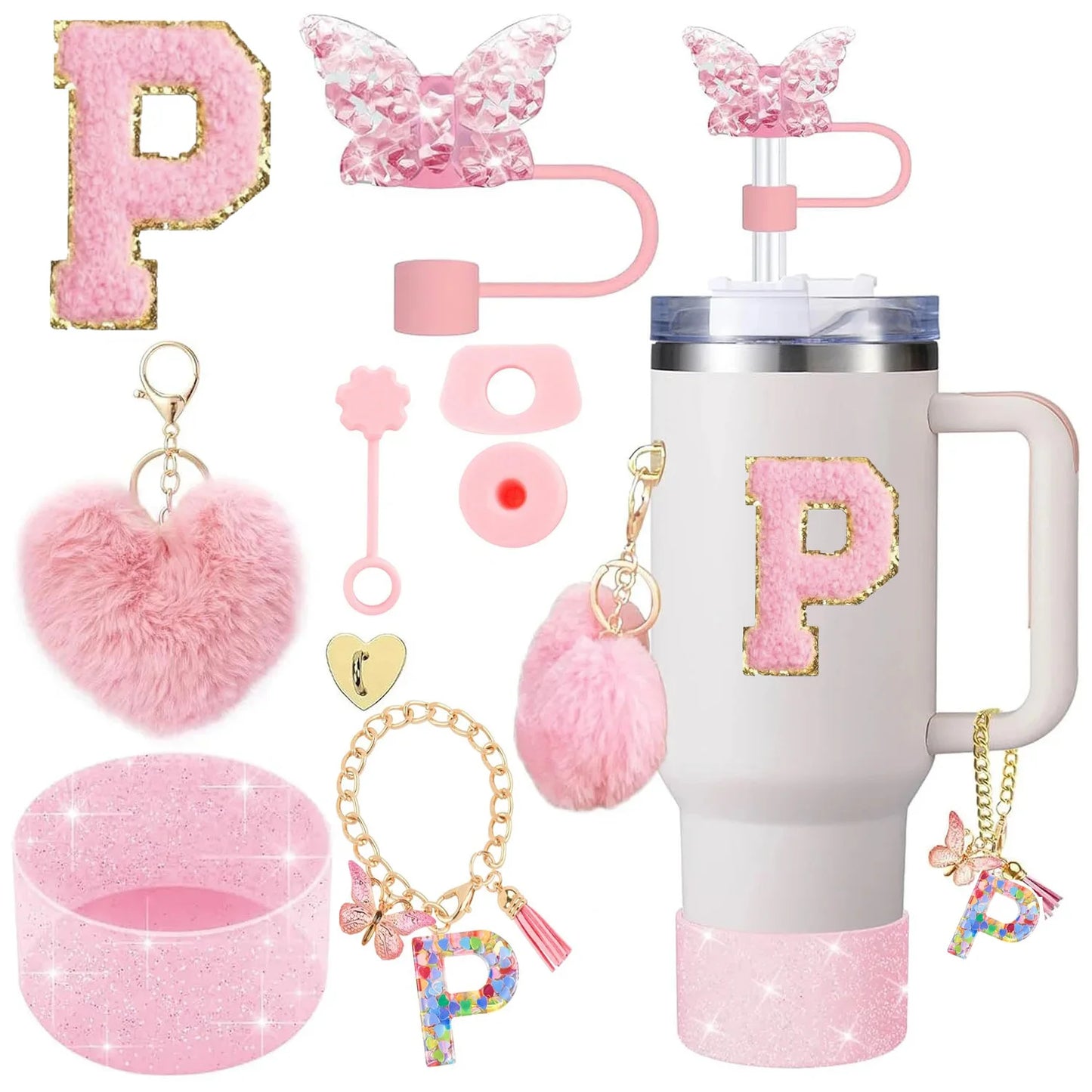 9PCS Accessory Set for Stanley Cup 30oz 40oz Butterfly Straw Cover Cap Silicone Boot Charm Initials Sticker Spill Proof Stopper Badiee Stylez