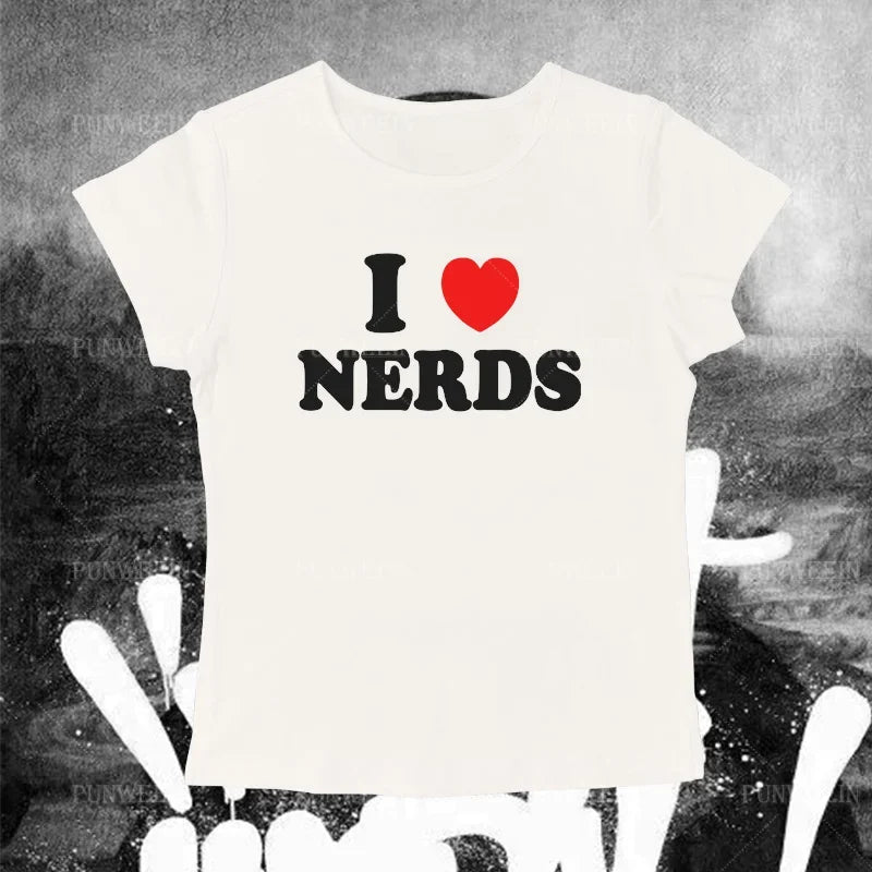 I Love Nerds Letter Goth T-shirt Women Harajuku Short sleeved Tops US Street Sexy Crop Tops Slim Emo Baby Tees Y2K Clothes FQ957B Luqi
