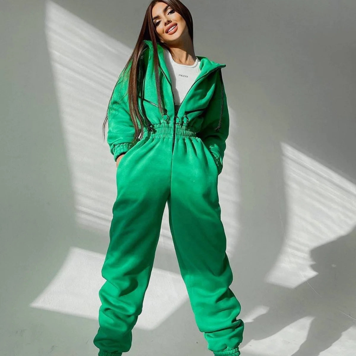 Autumn Women's Monochrome Long-Sleeved Jumpsuit Solid Color Zip-up Sportswear Female Winter Casual Tracksuit Fashionable Hoodies Badiee Stylez