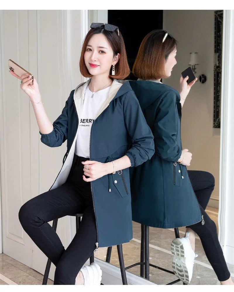 Double-Sided Trench Coat Women 2023New Fashion Spring Autumn Clothes Hooded Mid-Length Windbreakers Female Outerwear Casual Tops