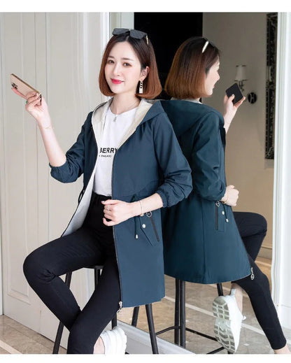 Double-Sided Trench Coat Women 2023New Fashion Spring Autumn Clothes Hooded Mid-Length Windbreakers Female Outerwear Casual Tops