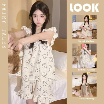 Summer Pajamas Loungewear Set Women's Summer Suspender Pajama Set Student Vest Shorts Foam Insy Style Two-Piece Loungewear Set Rabbit8829