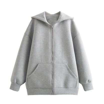 2024 Spring and Autumn New Casual Street Loose Oversize Hooded Zipper Hoodie Space Cotton Jacket Coat Lazy Women's Cardigan GREY