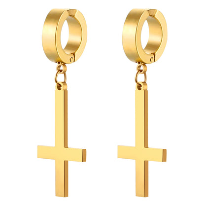 BONISKISS Men Women Stainless Steel Inverted Upside Down Cross Earring Church of Satan Temple Occult Satanic Witchy Stud Jewelry new-golden