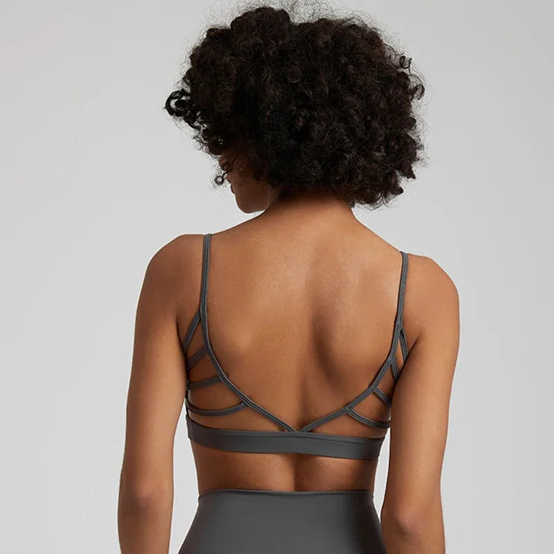 Open Back Sports Bra 8 Way Stretch Deep U Neck Bra Padded Fitness Top for Women Pavement
