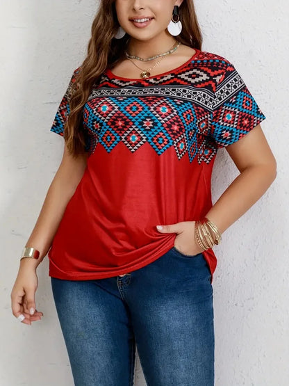 Women T Shirt Plus Size Tops Fashion clothes Women's Plus Southwestern Print Casual Tees Round Neck Short Sleeve T-shirt Tops