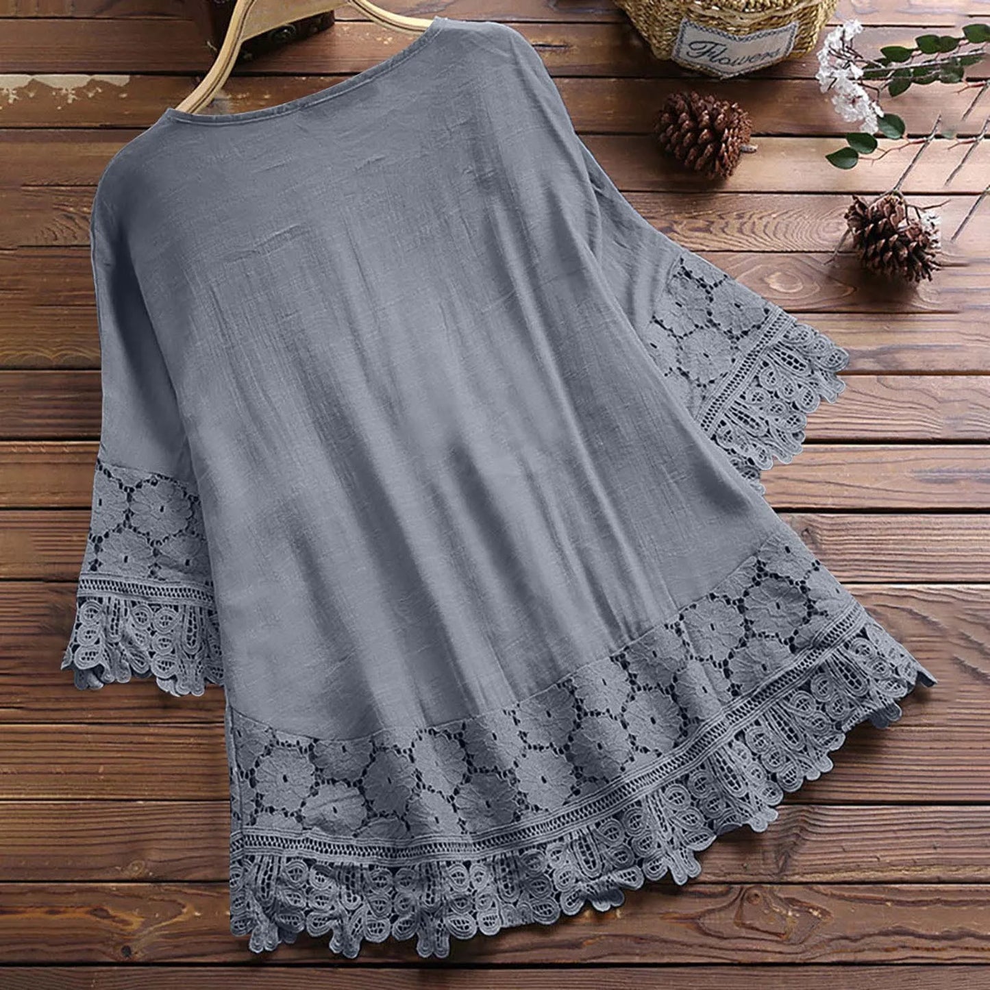 Summer Women Casual Solid Tops Shirt Cotton And Linen Stitching Lace Flower V-neck Loose Top Blouse New Elegant Holiday Shirts