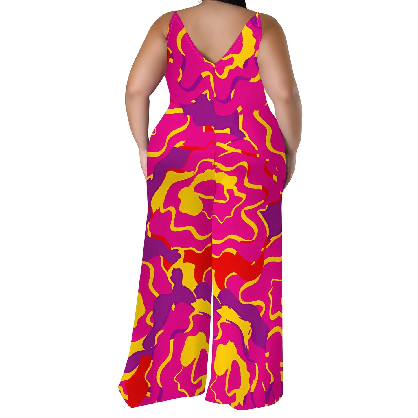 Plus Size Spaghetti Strap Jumpsuit Pink Yellow Abstract Print Wide Leg Summer Romper for Women