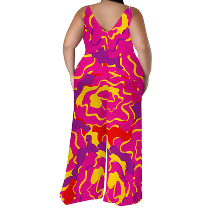 Plus Size Spaghetti Strap Jumpsuit Pink Yellow Abstract Print Wide Leg Summer Romper for Women