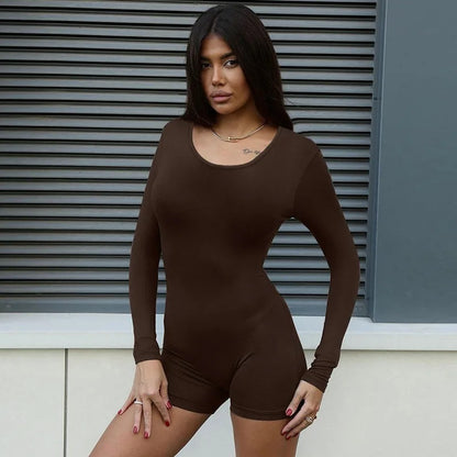 Sports Fitness Black Playsuits Women Autumn New Fashion Skinny Long Sleeves Solid Rompers Bodycon Casual Streetwear Sexy Overall Brown