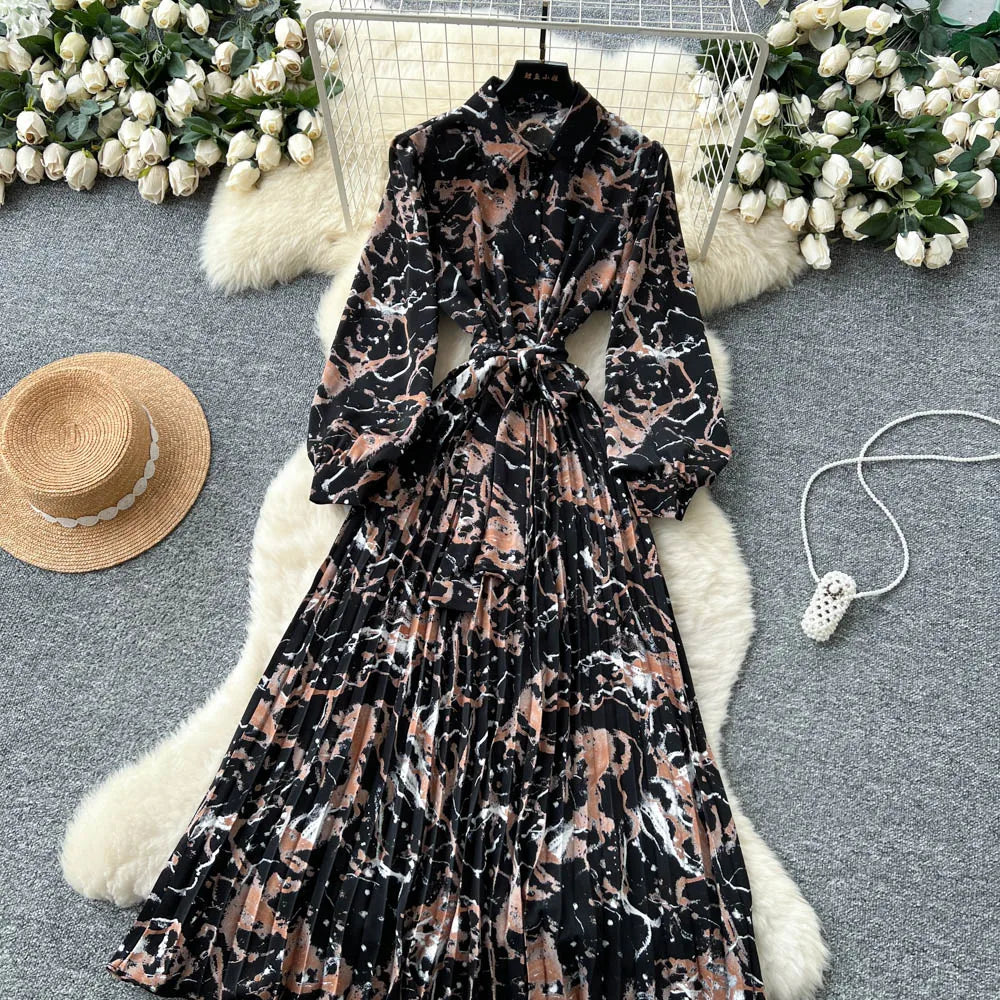 Chic vintage long sleeve turn-down collar button pleated Elegant Fairy korean fashion Boho women clothing Long dress