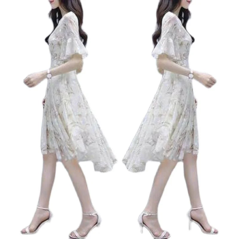 Ele Summer Women's Midi Dr ang Hai Sle Sweet Princ round Ne ort Sve A-Line Skirt Printed Chiffon Dr