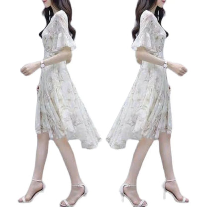 Ele Summer Women's Midi Dr ang Hai Sle Sweet Princ round Ne ort Sve A-Line Skirt Printed Chiffon Dr