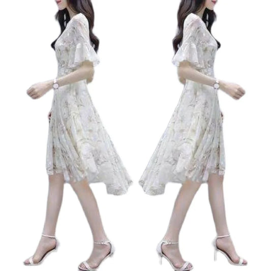 Ele Summer Women's Midi Dr ang Hai Sle Sweet Princ round Ne ort Sve A-Line Skirt Printed Chiffon Dr